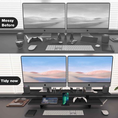 ECO-WILL Dual Monitor Stand, 2-Tier Wood Monitor Riser with Storage Organizer and Cable Management, Black