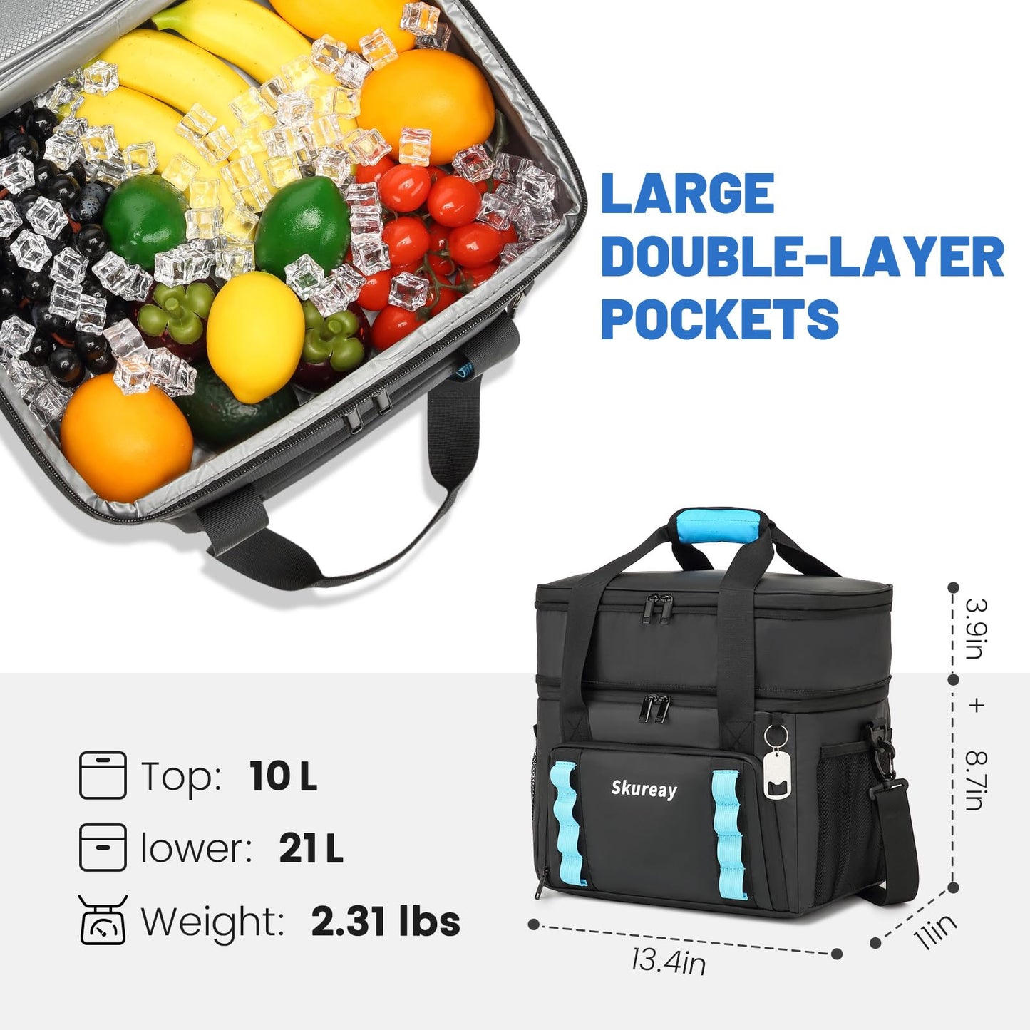 Expandable Soft Cooler Bag, Double Deck Lunch Bag for Women/Man, 40 Cans, Leakproof Cooler Portable for Beach, Camping, Kayaking, Road Trips, Travel, Work (Black)