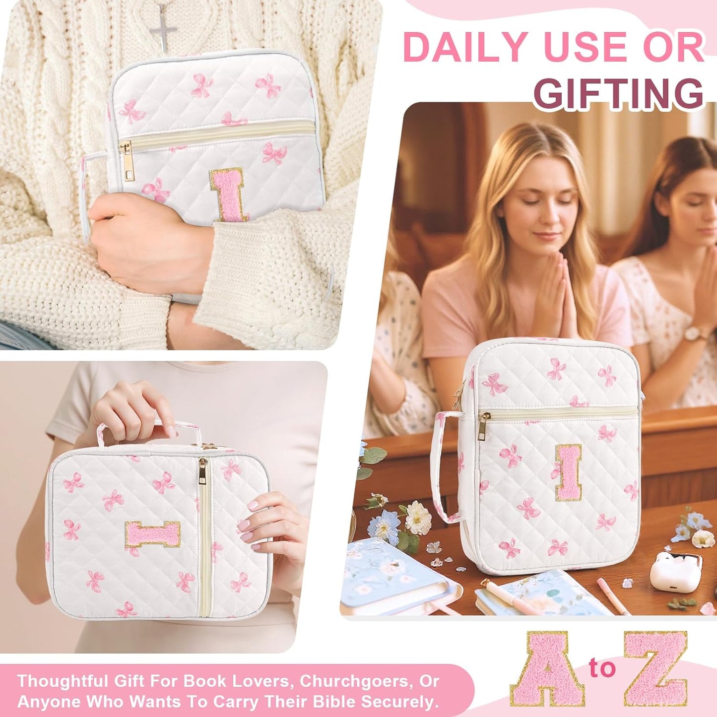 Skiennix Personalized Initial Bible Cover Case - Large Quilted Design with Handle, Stylish Pink Bow for Women & Kids