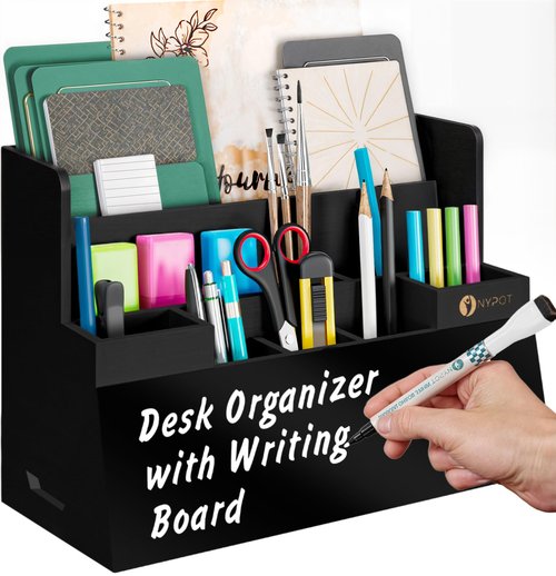 NYPOT Black Desk Organizer - Wood Desktop Organizer with Drawers and Dry Erase Board - Desk Buddy Whiteboard with Storage for Supplies, Wooden Desktop Whiteboard Dorm for Home and Office