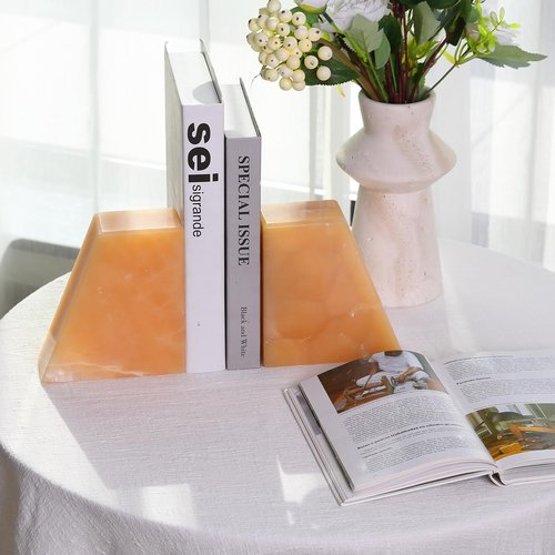 Koville Natural Mexico Onyx Bookends for Shelves, Large Bookends for Heavy Books, Non-Slip Heavy Duty Book Stopper for CD/Movies, Aesthetic Decorative Book Ends for Bookshelf Table Home Decor(Yellow)