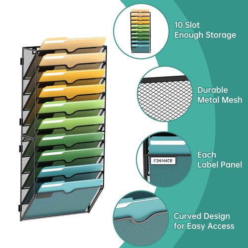 SUPEASY 10-Tier Wall File Organizer Mesh Office Mail Holder, Hanging Wall Organizer Magazine Rack for Office Black