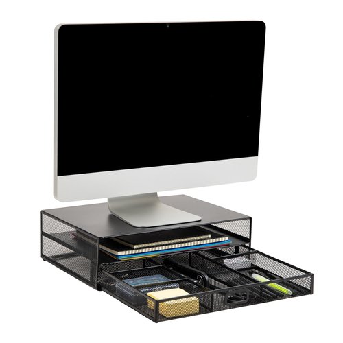 Mind Reader Back to School All in One Bundle for College and Office Monitor Stand with 25 Pc. Supplies included, Storage, Metal, 15.75"L x 11.75"W x 4.5"H, Black