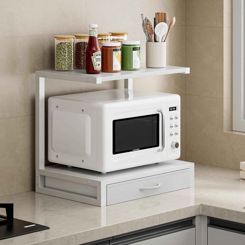 YAOHUOO 2-Tier Desktop Printer Stand with Fabric Drawer, Prtiner Table with Storage Shelf, Desk Organizer for Home Office,3D Printer,Fax Machine,Scanner, 17.3"x11.8" White