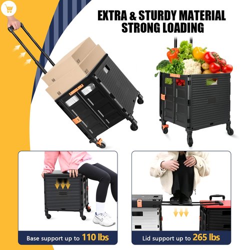 SELORSS Foldable Utility Cart Portable Rolling Crate Handcart Shopping Trolley Collapsible Tool Box with Rotate Wheels Durable Duty Plastic Telescoping Handle Lid for Travel Move Office School(Black)