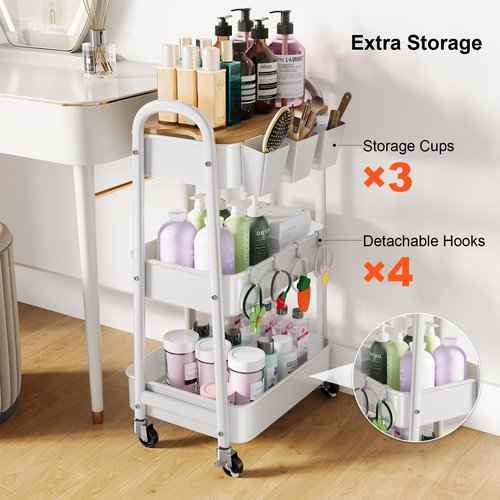 3 Tier Rolling Cart Metal with Wheels and Bamboo Table Top, Art Cart Organizer on Wheels, White Three Tiered Storage Utility Carts for Craft, Baby, Diaper Caddy,Coffee,Kitchen,Cleaning,Office Supplies