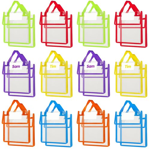 Teling 24 Pack Thick Clear Book Pouches with Blank Name Tags and Handles Book Bags Organizer for School Classroom Library Pockets Students (10 x 12 Inch,Stylish Color)