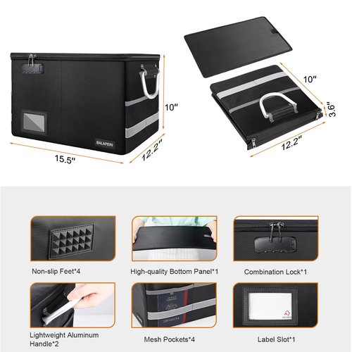 BALAPERI Fireproof Document Box with Lock, Portable File Box with Handle, Locking File Organizer Storage Box for Legal/Letter Size Hanging Folders, Collapsible,16.1" x 12.9" x 11"