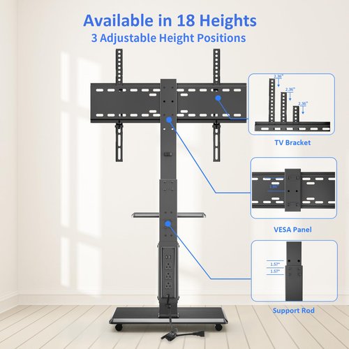 Afaloona Rolling TV Stand with Power Outlet, Mobile TV Cart for 32-75 Inch TVs up to 110 lbs, 18 Adjustable Heights, Max VESA 600x400mm, TV Floor Stand with Swivel Mount/Shelf/Wheels, Fits for Bedroom