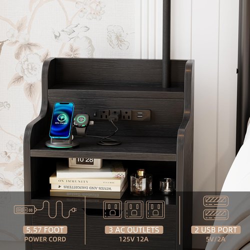 COTUBLR Floor Lamp with Table, End Table with Charging Station, Wooden Black Nightstand with 2 Drawers and LED Bulb, Modern Shelves Side Table for Bedroom Living Room Home Office