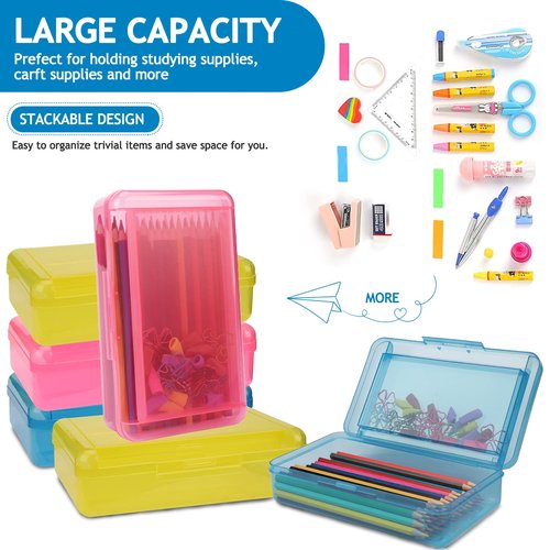 3 PCS Pencil Box,Double Layer Large Capacity Pencil Box,Hard Pen Case with Snap-tight Lid,Plastic Pencils Case for Office School Supplies Pen Boxes Storage Organizer for Pens Eraser-Blue+Yellow+Pink