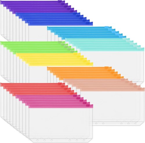 Antner A6 Binder Pockets - 50PCS Assorted Color Zipper Pouch Folders for Budgeting & Organizing
