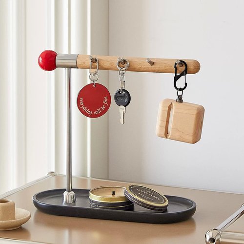 mollveesen Wood Entryway Key Holder for Standing, Storage Rack with 4 Hooks and Jewelry Tray,Multifunctional Desktop Supplies Holder，Bedroom Dresser Jewelry Organizer Rack for Necklace，Rings，Watches