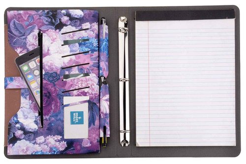 3-Ring Binder Portfolio Case, Floral Painting PU Leather Binder Padfolio, Business Planner Organizer with Notepad Holder