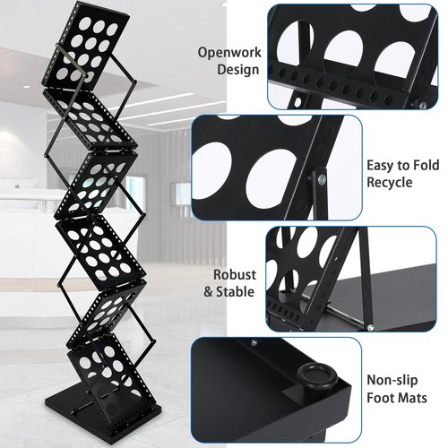 ZLDYPINK 6 Pockets Brochure Display Stand, Foldable Magazine Rack Catalog Metal Literature Rack Holder with Carrying Bag, 8.5 x 11 Size for Trade Show Office