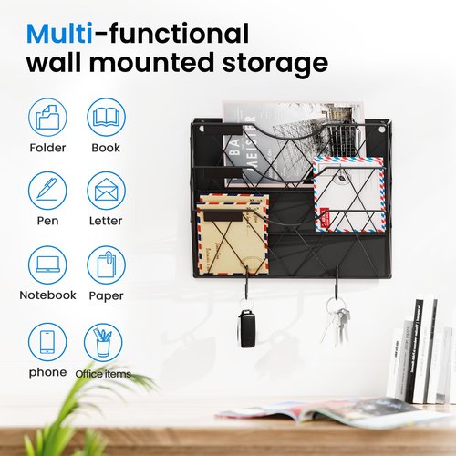 Magnetic File Holder for Refrigerator & Cabinets | No-Drill Wall Mount Organizer | 3-Tier Vertical Mail & Magazine Holder for Office/Home (Black, Space-Saving Design)