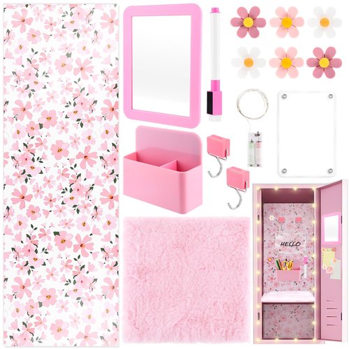 15 Pcs Locker Accessories Kit Pink Flower Magnetic Wallpaper Magnetic Mirror Whiteboard Pen Holder Magnet Hook Locker Rug Marker Pen String Light for Girls Back to School Essentials Locker Decorations