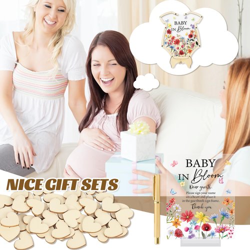 JarThenaAMCS 66Pcs Baby in Bloom Baby Shower Guest Book Alternative Set Acrylic Wildflower Guestbook with Wood Heart Slices Photo Frame Keepsake for 60 Guests