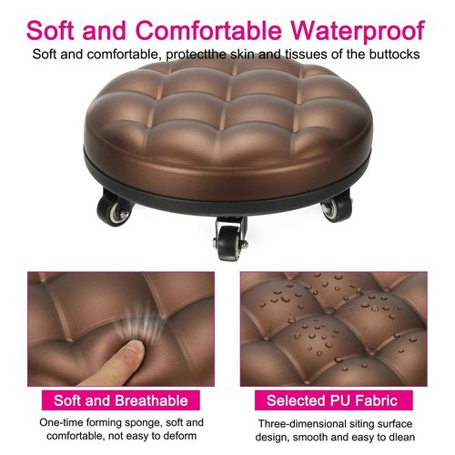 PATIKIL Low Roller Seat Wheel Stool Chair PU Leather Short Low Rolling Stool with Universal Wheel for Home Office Fitness (Brown), 5.1" Height