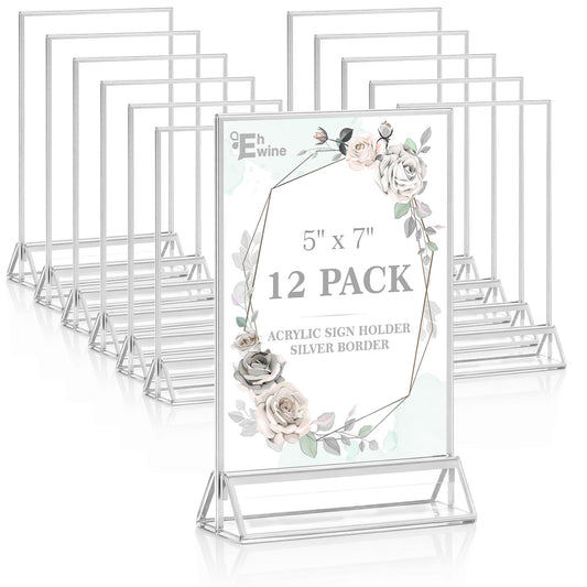 EHWINE 12 Pack Acrylic Sign Holder 5 x 7, Double Sided Silver Picture Frame Stand up Table Top Sign Holders, Clear Display Stand Menu Flyer Holder for Wedding Party (Provide Non-slip Mats)