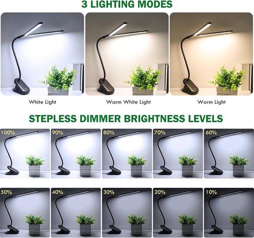 Deaunbr LED Reading Light - Clip-On Desk Lamp with 48 LEDs, USB Rechargeable, Adjustable Brightness - Black