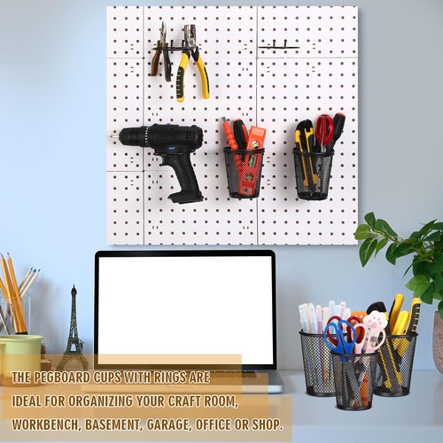 Spakon 6 Sets Pegboard Cups with Ring Hook Pegboard Bin Holder Organizer Multipurpose Pen Cup Metal Pencil Holder Peg Board for Desk Office Garage