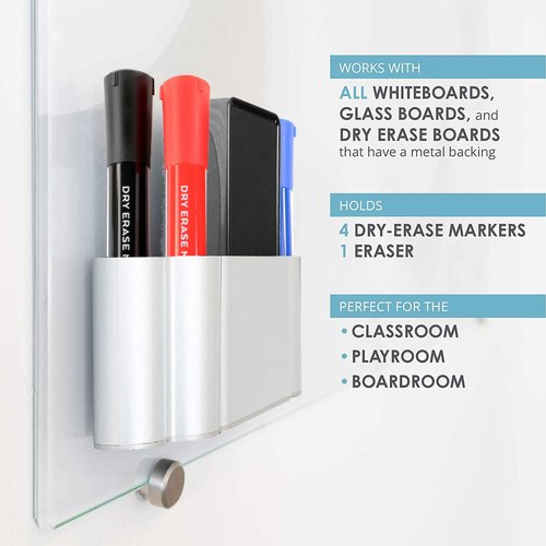 Glassboard Studio Magnetic Dry Erase Marker Holder - Super Strong for Magnetic Glass Whiteboard or Fridge - 2 Large Neodymium Magnets - No Slip Grip - Eco-Friendly PLA Plastic (Steel Gray, KIT)