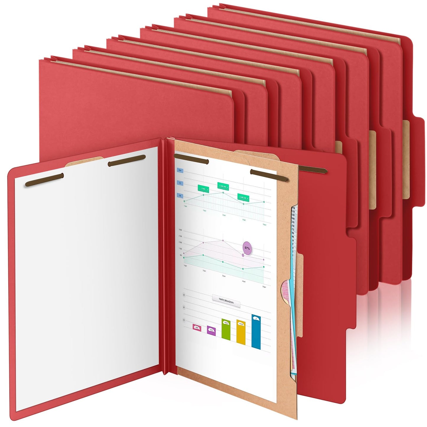 Skyygemm 12 Pcs Classification Folders 3 Pocket Dividers Letter Size Employee File Folder with 2 Prong Fasteners 2 in Expansion Pressboard Medical Document Organizers Bulk for School Office(Red)