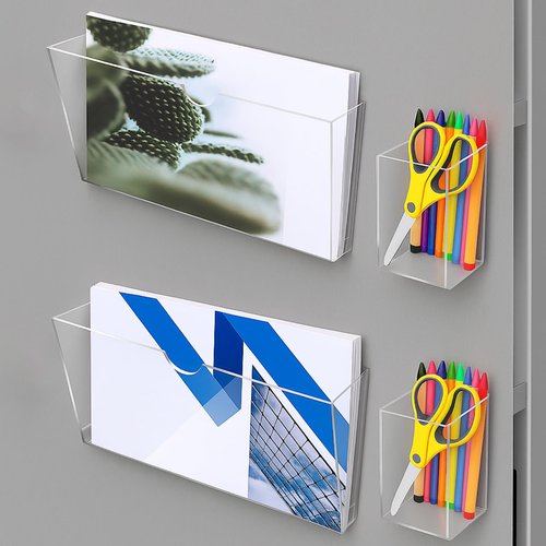 AmazingSpark 2 Pcs Magnetic File Holder and 2 Pcs Magnetic Dry Erase Marker Organizer Clear Acrylic Rack for Whiteboard Documents Cabinets Magazines Office