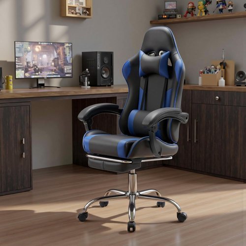 DUMOS Ergonomic Gaming Office Chair - Height Adjustable with Footrest & Headrest | Deep Blue PU Leather