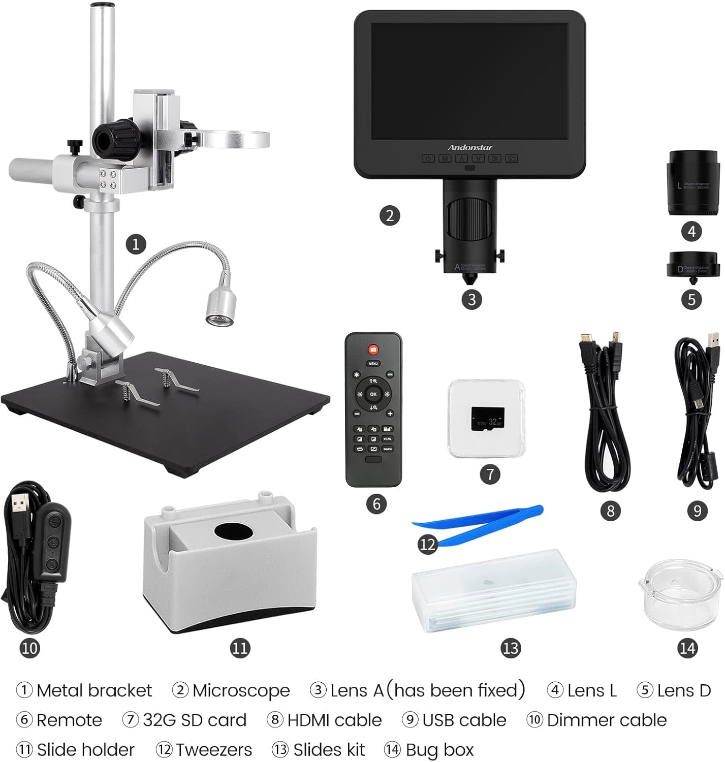 Andonstar AD246S-M HDMI Digital Microscope - 2000x Magnification, 2160P UHD Video, 7-Inch LCD Display, Pro Boom Arm Stand