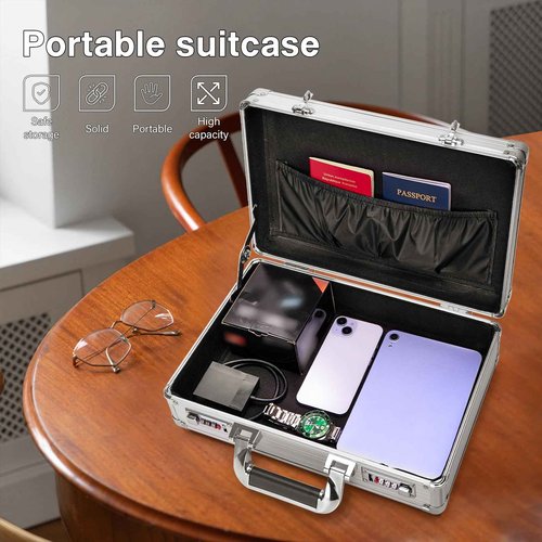 LOCKCURX File Organizer Storage Box - 14.2 x 9.4 x 4.5 Inch Medium, Portable Locking Storage Totes with Dual Combination Locks for Cash, Documents & Valuables - Silver
