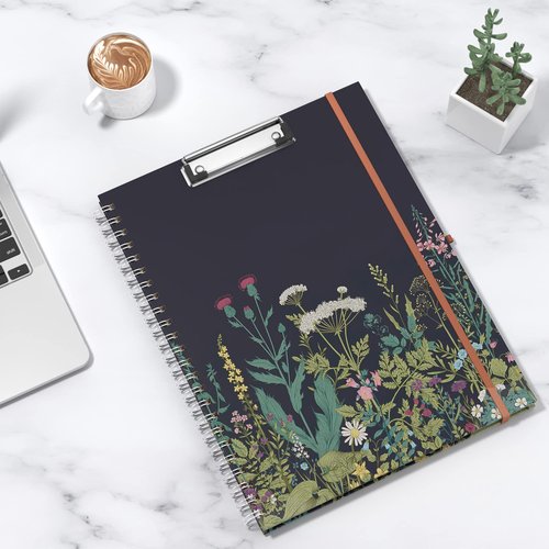 Rimilak Spiral Clipboard Folio with Refillable Lined Notepad, 14.5 x 9.8 in, Hardcover Cover with 5 Interior Pockets, Elastic Band and Pen Loop Series. Cute Stylish Clipfolio, Daisy Flower