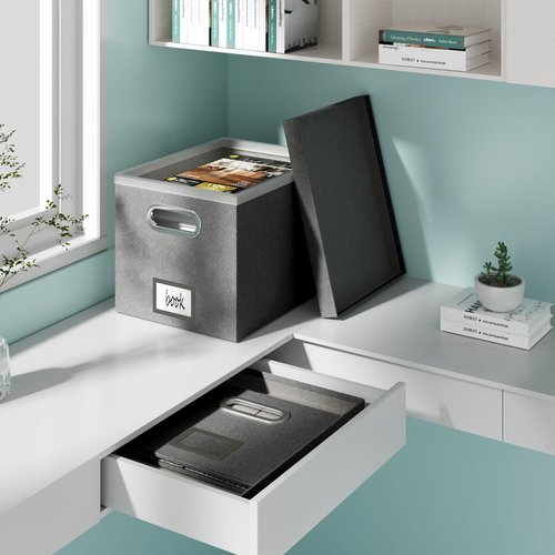 GRSQYS 3 Pack File Storage Box with Lid File Boxes for Hanging Decorative Hanging Folders Organizer with One-Piece Plastic Frame Slides (Dark Grey, 13.2x 10.1 x 10.1 inch（3Pack）)