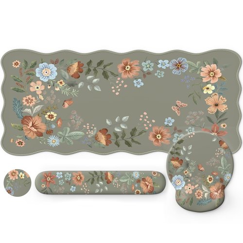 iLeadon Mouse Pad Set and Keyboard Wrist Rest, Non-Slip Desk Pad Mat for Keyboard and Mouse, Floral Desk Mat Cute Wave Design, Computer Wrist Rest for Women Office Desk (Green)