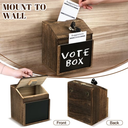 AFOROEOA Wood Suggestion Box with Lock - 6 Chalkboard, 100 Suggestion Cards, Tip Jar, Wall Mountable Donation Box, 8x7x6Inches