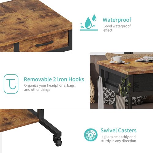 Small Portable Standing Rolling Desk - 32 Inch Adjustable Mobile Stand Up Teacher Desks with 2 Fabric Drawers on Wheels, Couch Sofa Side Laptop Table with Storage for Bedroom Home Office, Rustic Brown