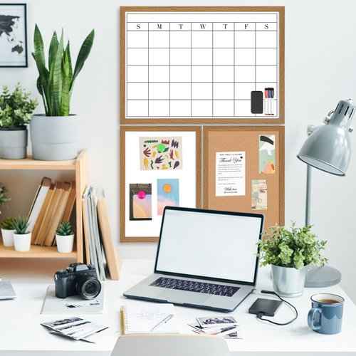 3 Pcs Rustic Weekly Planner Dry Erase Board Kit, 1 Dry Erase Calendar, 1 Linen Board, 1 Whiteboard, Wood Frame Wall Mounted Whiteboard Combo for Office, Home, School (5 Thumbtacks 3 Markers 1 Eraser)