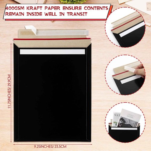 Fainne 150 Pack Rigid Mailers 9.25 x 11.8 Inches, Resealable Photo Document Mailers Cardboard Flat Envelopes for Shipping Photos, Pictures, Papers, Files, Cd, Magazines, Comic Books (Black)