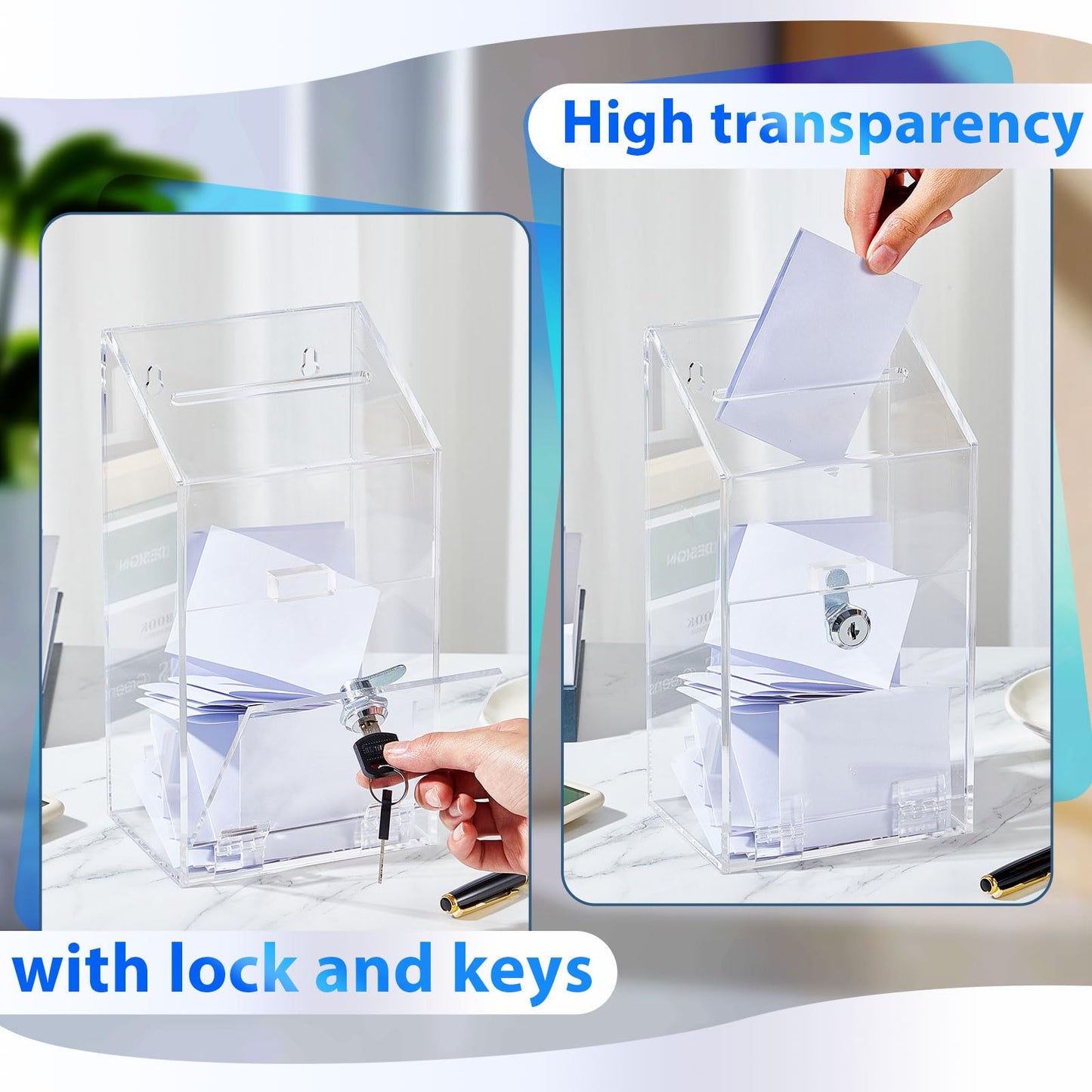 Juexica Large Clear Acrylic Donation Box with Lock and Slot, Wall Mountable Suggestion Ballot Box, Raffle Ticket Boxes for Office, School, Church, Voting & Fundraising, 10.24'' x 5.63'' x 4.02''