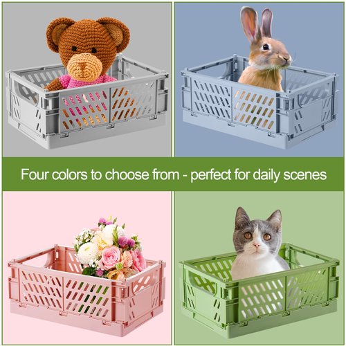 HUUSMOT 4-Pack Small Pastel Plastic Storage Baskets, Collapsible Crates for Organizing, Space-Saving Mini Bins for Classroom, Kitchen, Office, Bedroom (9.8" x 6.5" x 3.8")