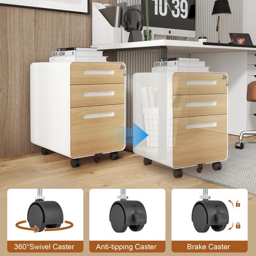 BouPower 3 Drawer File Cabinet for Home Office, Under Desk Mobile Filing Cabinet with Lock for A4/Letter/Legal Size, 5 Wheel Anti-Tilt Rolling File Cabinets, Fully Assembled (Except Casters)