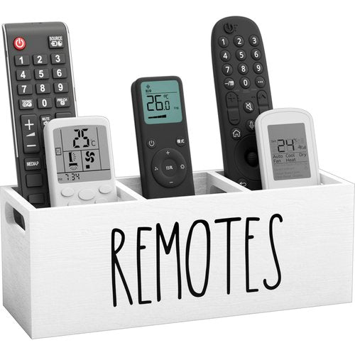 Remote Holder for Table, 3 Slots Wooden TV Remote Control Holder, Bedside Remote Control Storage Organizer - 10" x 3.3" x 3.3" White