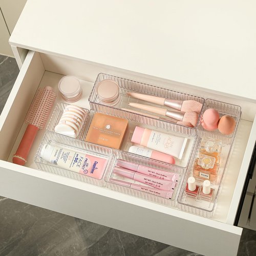 Swuj Clear Drawer Organizer Bins 7 pc Set, 4-Size Stackable Trays for Makeup Vanity Drawers, Bathroom Drawer Organizer Storage Containers for Cosmetic, Office Supplies