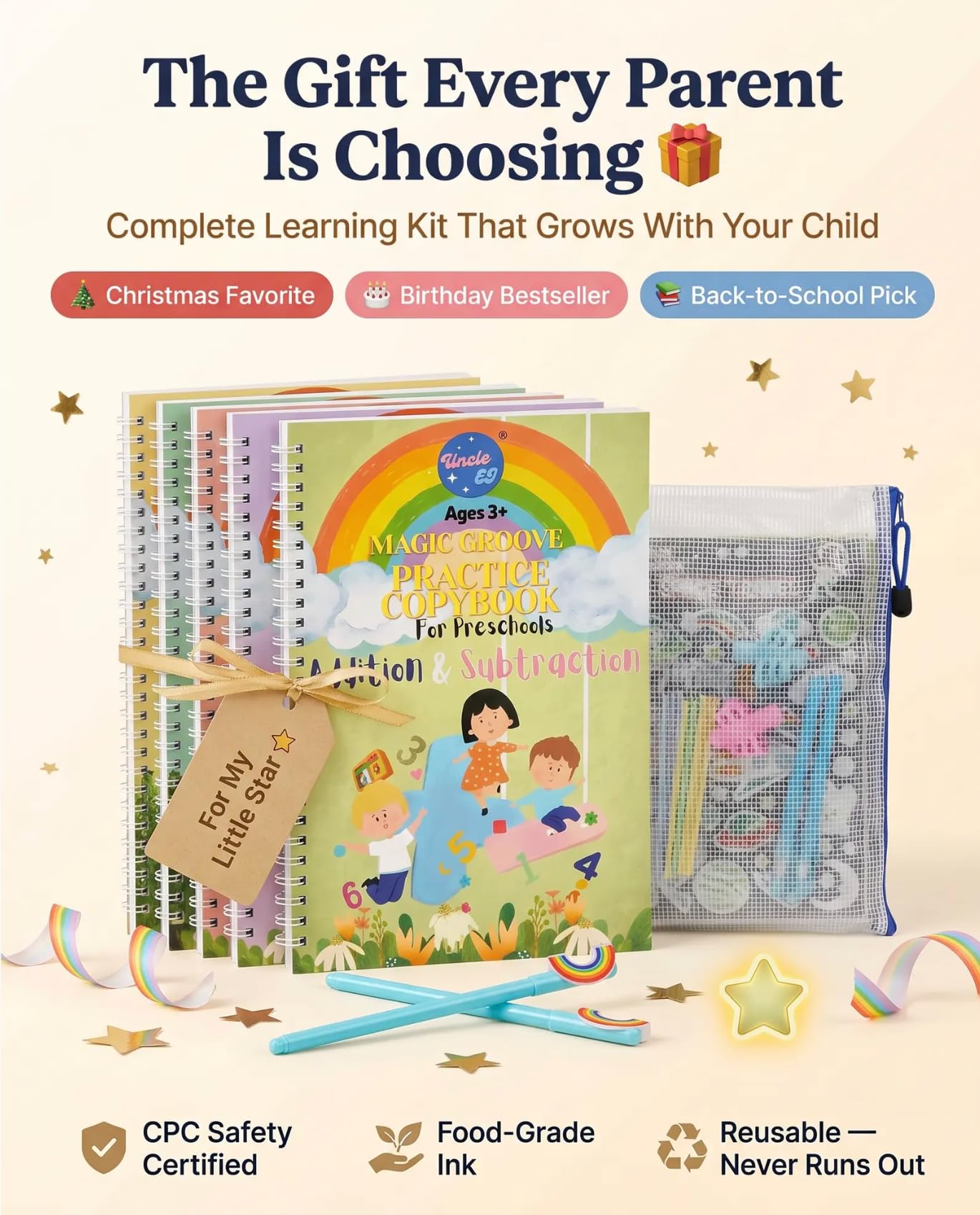 Large Magic Handwriting Practice Workbooks, Reusable Grooved Handwriting Practice for Kids 3-8, Toddler Writing Practice, Math Calligraphy, Letter Tracing, for Kindergarten Preschool, The Fun Kit