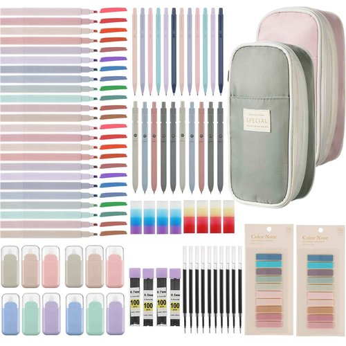 Motipuns 84 Pcs Aesthetic School Supplies, 2 Large Pen Cases, 10 Black Ink Gel Pens, 24 Pastel Highlighters, 12 Mechanical Pencils with 0.5 and 0.7mm Pencil Lead for Back to School Students Essentials
