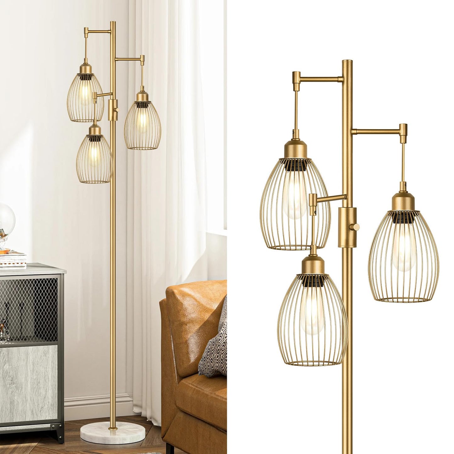 Torondo Dimmable Floor Lamps for Living Room, Industrial Standing Lamp with Marble Base, Gold Tree Tall Pole Light with 3 Elegant Teardrop Cage Head & 800 Lumens LED Bulbs for Bedroom Office