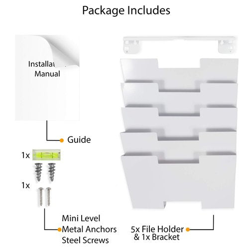 Wallniture Lisbon Metal Wall File Holder Organizer, Wall Mount File Holder, 5-Tier Office Decor and Magazine Holder, File Folders Letter Size White Rack