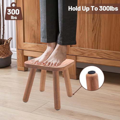 Wooden Step Stool for Adults, Kitchen Stepping Stools with Four Assembled Legs and Non-Slip Pads, Portable One Step Foot Stool Sitting Stool for Bathroom, Living Room, Bedroom (Walnut Color)
