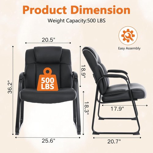 CLATINA Big & Tall Office Chair - 500lbs Capacity Leather Reception Chair | Wide Seat, No Wheels, Black